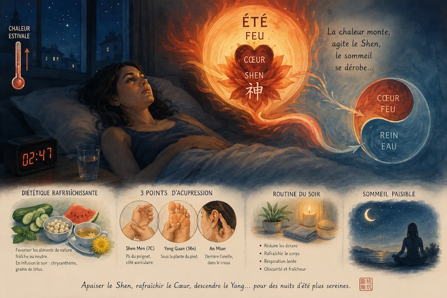 Illustration insomnie et chaleur estivale – médecine chinoise et troubles du sommeil en été